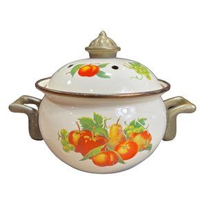 Vintage Enamelware Bean / Chili Pot Potpourri Brass Accents 1970s Fruit, 5.5" D.